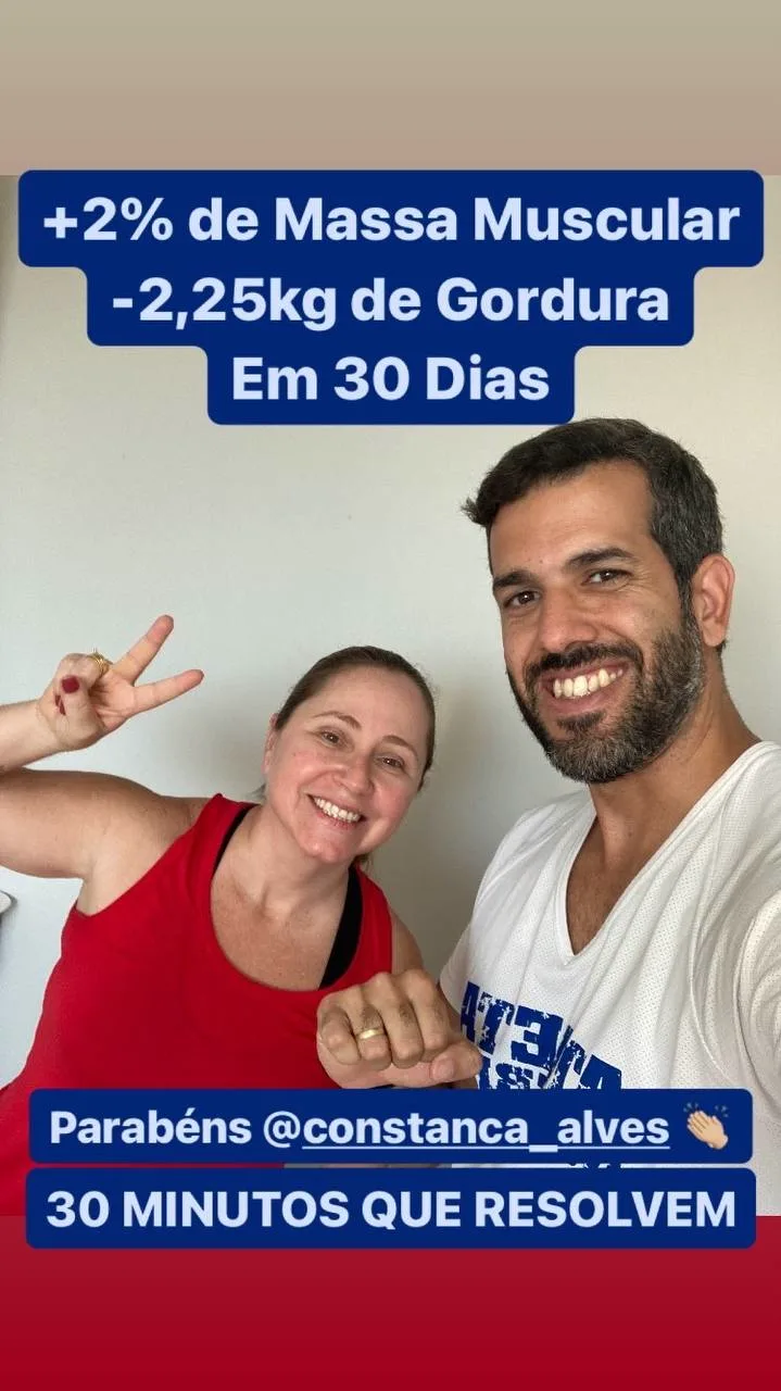 Resultado da aluna Constança: mais 2% de massa e menos 2,25 kg de gordura em 30 dias no Atleta Moderno